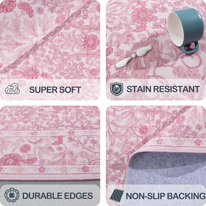 Washable 2'6" x 8' Runners for Hallways, Non Slip Long Floor Runner for Kitchen, Entryway Indoor, Stain Resistant Rubber Backing Floral Decor Rug (Pink)