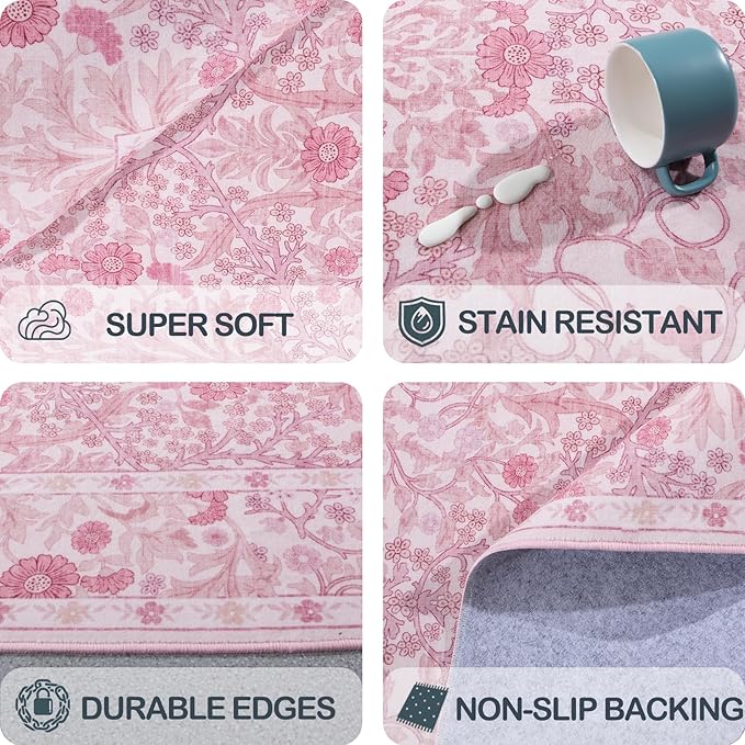 Vintage Pink Living Room Rug, 9x12 Washable Area Rugs for Dining Room Under Table, Soft Low Pile Large Carpet Bedroom, Non-Slip Boho Floral (9 x 12 Pink)
