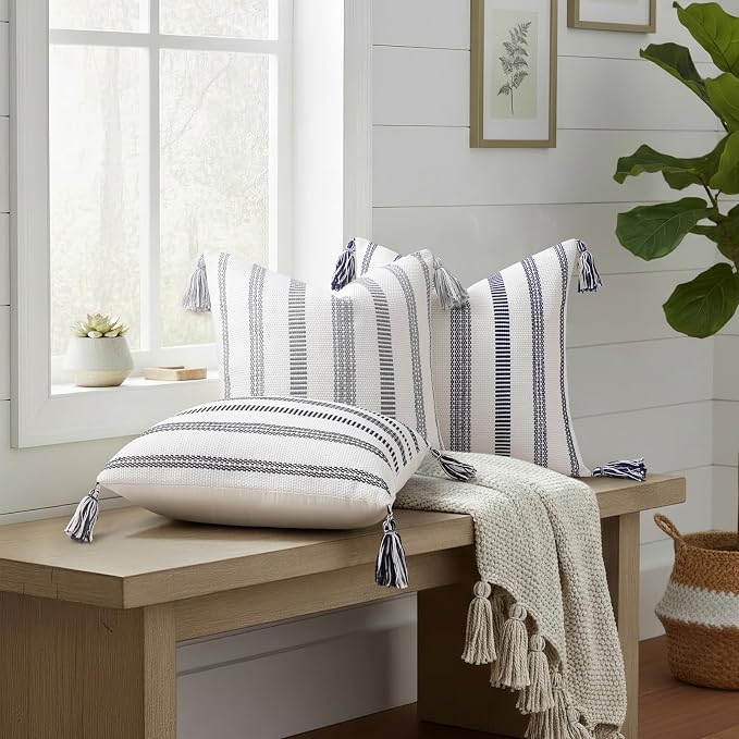 Smile Bee Boho Outdoor Couch Throw Pillow Covers Set of 2 Decorative Thick Woven Striped Accent Neutral Pillow Covers with Tassels for Bed Sofa Home Decor 20x20 Inch, Grey and Cream White | Woven Cozy Boho Decorative Modern Farmhouse Accent Pillow Case...