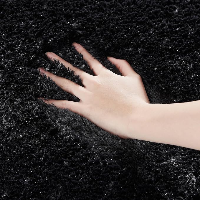 Floralux 4x6 Shag Fluffy Rug for Bedroom, Black, Area Rugs for Bedroom Living Room, Non-Slip Indoor Floor Plush Carpet for Nursery, Kids Baby Boys Teen Dorm Home Decor Aesthetic