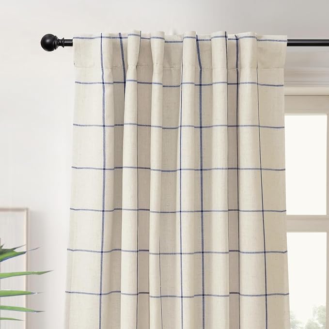 DriftAway 100% Blackout Plaid Curtains 108 Inches Long 2 Panels Navy Blue | 100% Blackout, Linen Texture, Plaid Pattern, Two Layers, Rod Pocket & Back Tab, Bedroom Living Room Use, Luxury Appearance