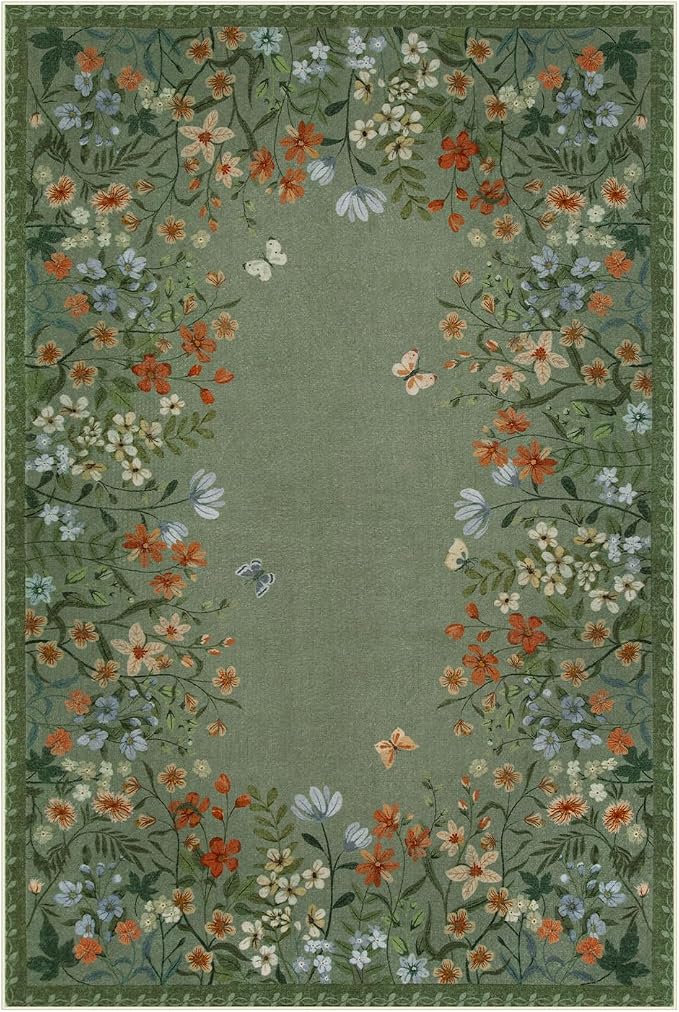 Wonnitar 5x7 Washable Area Rug, Green Floral Rug for Living Room, Boho Rug for Bedroom, Non Slip Flower Nursery Carpet, Low Pile Cottagecore Dining Room Decor (5x7 Green)