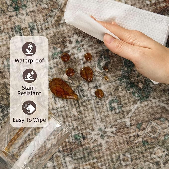 Rugxara Brown 6x9 Area Rugs Washable Rug for Living Room Dining Bedroom | Non Slip, Rug for Office Farmhouse Kids Room, Stain Resistant, Soft, Low Pile, Vintage Boho Floral Retro Carpet, Home Decor