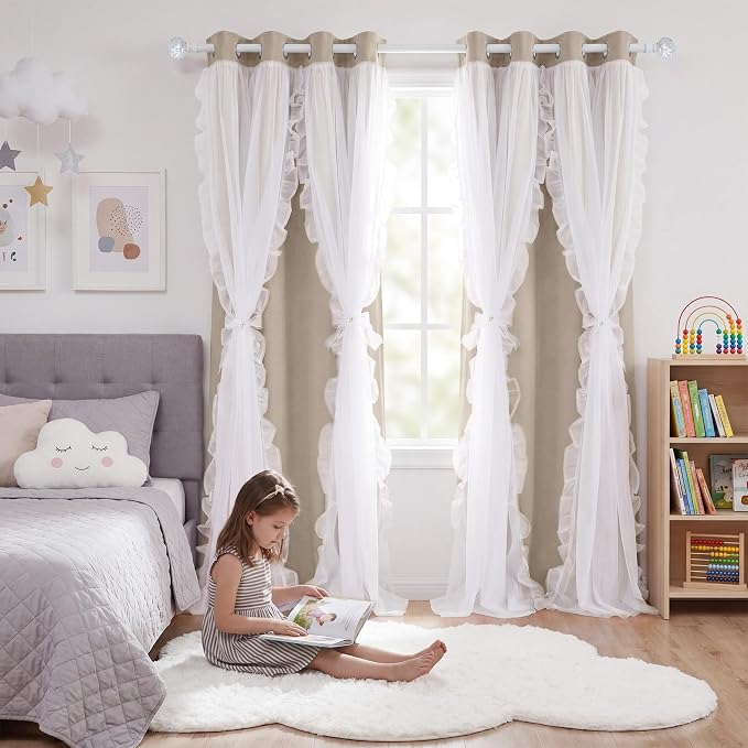 PONY DANCE 100% Blackout Curtains for Girl's Bedroom, Double Layer Grommet Curtain 84 inch Long with Sheer Overlay for Living Room, Nursery Kids Toddler Room Decor, Sand, 52" W x 84" L, 2 Panels