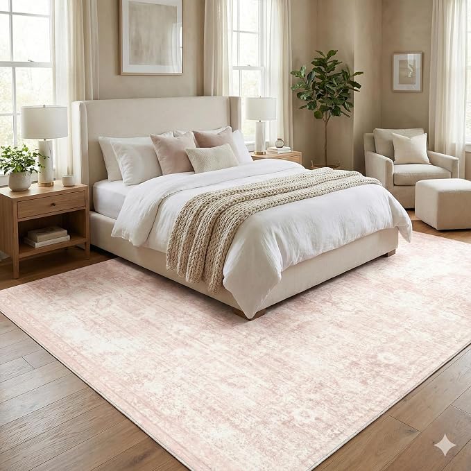 Homemate Washable Rug 6x9 Area Rugs - Vintage Faux Wool Rugs for Living Room Bedroom Dining Room - Non Slip Foldable Carpet Indoor Area Rug for Home Decor(6'x9', Pink