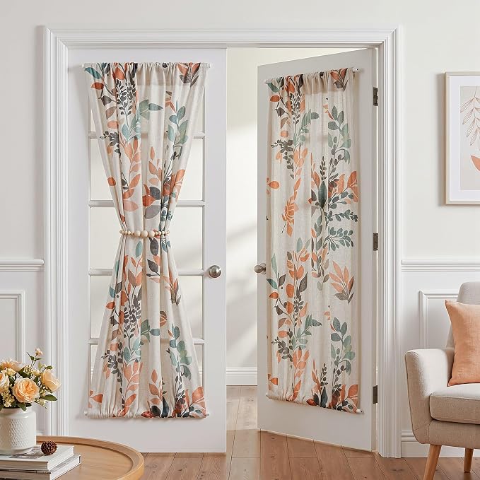 MYSKY HOME Floral Linen French Door Curtains 72 inch Long 2 Panels for Front Door Light Filtering Privacy Semi Sheer Window Curtains with Rod Pocket, Burnt Orange, 24" W Each Panel