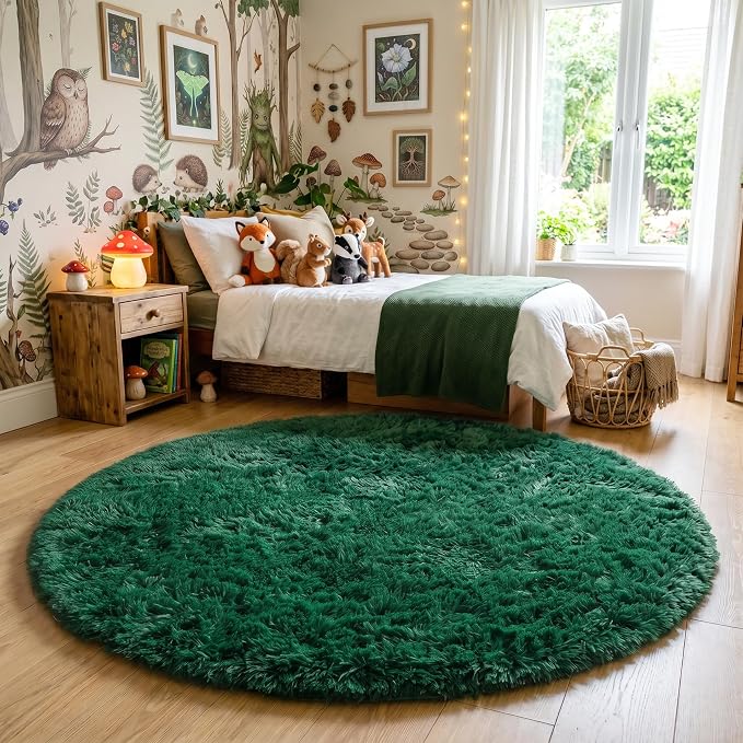 Amdrebio Dark Green Round Rug 4Ft for Bedroom, Fluffy Fuzzy Circle Area Rugs for Living Room Decor, Shaggy Emerald Green Rugs for Kids, Teen Boys, Baby Nursery, Furry Plush Floor Carpet for Classroom