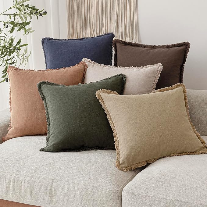 Foindtower Set of 2 Decorative Linen Fringe Throw Pillow Covers Boho Farmhouse Cushion Cover with Tassels Soft Accent Pillowcase for Couch Sofa Bed Living Room Home Decor,20×20 Inch,Reddish Brown