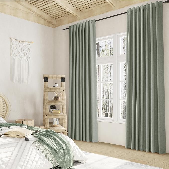 Guken Desert Sage 100% Blackout Linen Curtains 108 Inch Length 2 Panels Set for Living Room Bedroom Back Tab Thermal Insulated Black Out Drapes Room Darkening Window Curtains 108 Inches Long