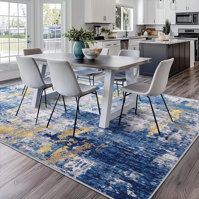 RELEANY Washable Area Rugs Square 9ft Non-Slip Modern Abstract Soft for Living Room Entryway Bedroom Kitchen, Print Pattern, Grey Blue Gold/Golden