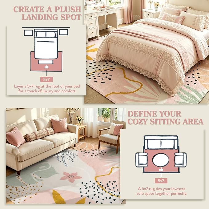 Lahome Pink Boho Nursery Rug 4x6, Washable Non Slip Soft Botanical Area Rug for Girls Bedroom Kids Room Playroom Dorm Apartment Decor