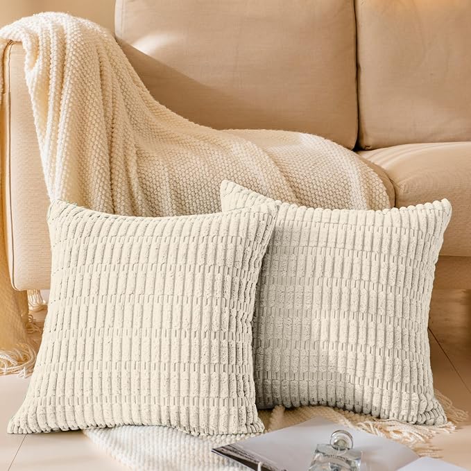 Softalker Throw Pillow Covers 16x16 Inch, Set of 4, Corduroy Soft Striped Farmhouse Boho Pillow Cover, Modern Decorative Cushion Pillow Case for Couch Sofa Bedroom Living Room, Cream