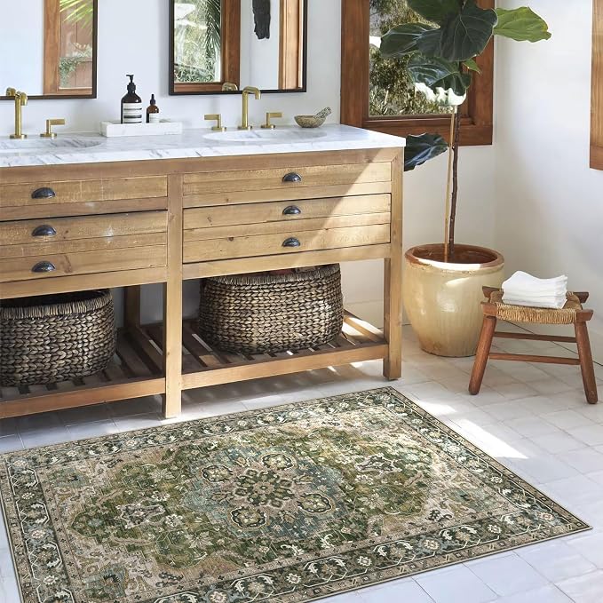 LUXRUG 3x5 Washable Area Rug - Small Entryway Rug Non-Slip Moss Green Vintage Oriental Kitchen Rugs Low Pile Boho Carpet Throw Rugs for Living Room Bedroom Bathroom Entrance Dorm Office Home Decor