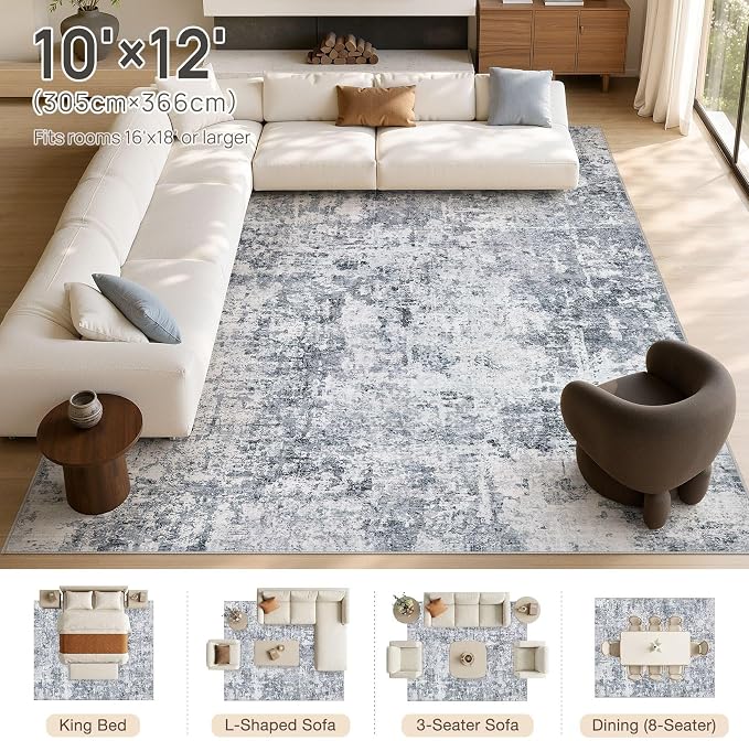 cotiled Washable Area Rug 10x12, Non-Slip Soft Neutral Rug for Living Room | Modern Abstract Carpet, Stain Resistant and Kid & Pet Friendly, Ideal For Bedroom, Dining Room, Nursery, Office - Blue/Gery