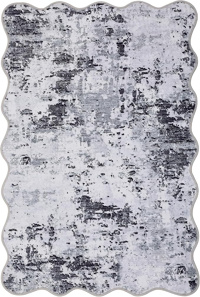 ROYHOME Modern Abstract Scalloped 2x3 Area Rug Non Slip Non Shedding Low Pile Stain Resistant Rug for Entryway Kitchen Bedroom,Grey