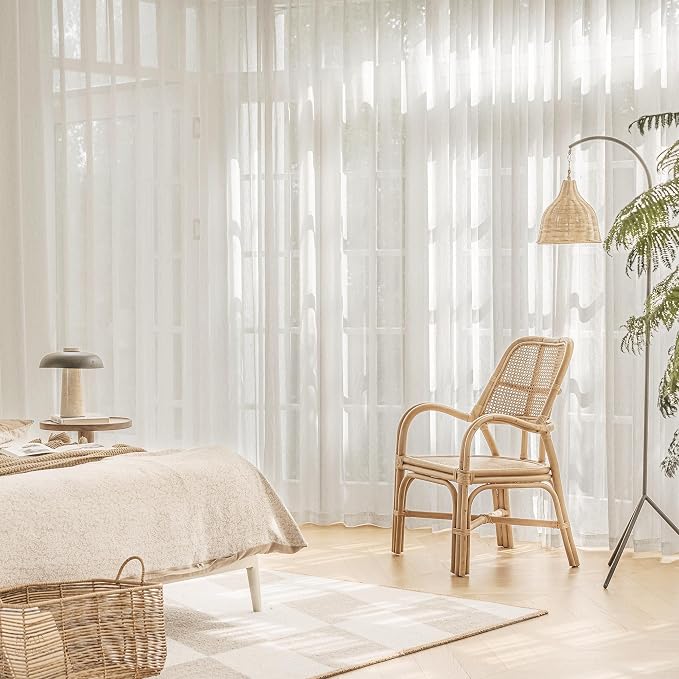 FMFUNCTEX Beige Linen Pinch Pleated Sheer Curtains 90 Inch Long 2 Panels | Natural Semi Sheer Window Drapes French See Through for Bedroom and Living Room, Farmhouse Privacy