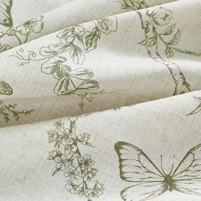 Lazzzy Charlotte Linen Green Floral Curtains 90 Inch Length Farmhouse Curtain Back Tab Drapes for Living Room Bedroom Light Filtering Vintage Rod Pocket Curtains, 2 Panels, Green on Beige
