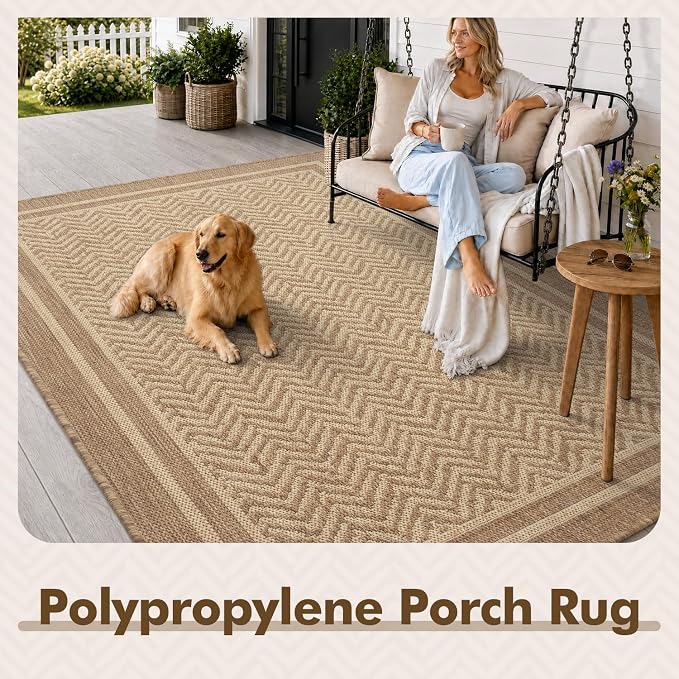 MontVoo-3x5 Outdoor Rug Porch Entryway Rug-Polypropylene Indoor Outdoor Rugs for Entryway Kitchen Balcony Patio, Textured Weave, Durable, Fade-Resistant, Non-Shedding, Boho Geometric Neutral Brown