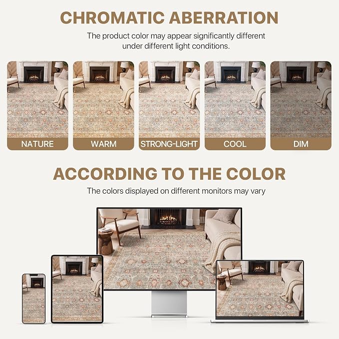 BESBLEE 3X5 Area Rugs Machine Washable Rugs for Living Room, Vintage Boho Large Rugs for Bedroom Dining Room, Non Slip Indoor Soft Distressed Lightweight Thin Low Pile Carpet, Orange