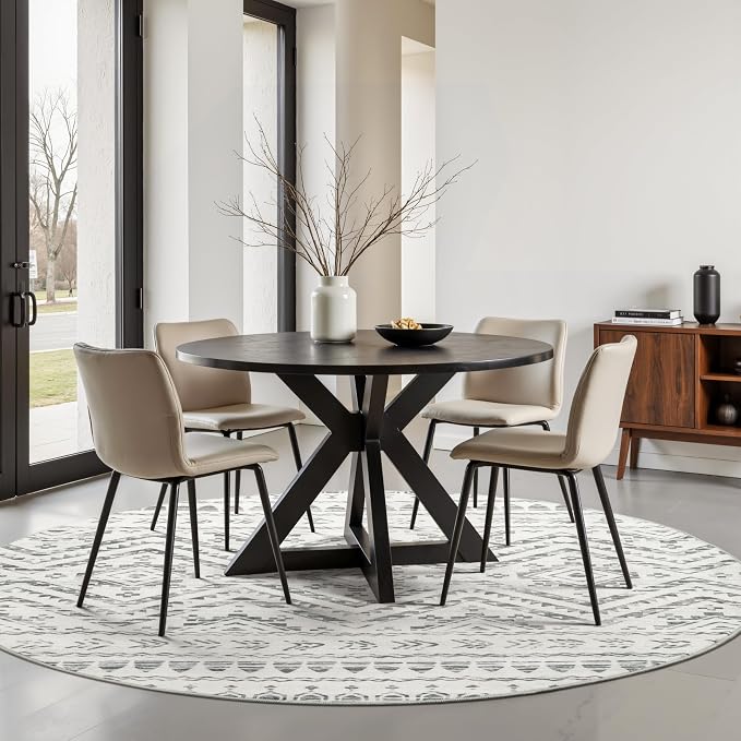 Miukiki Round Rugs 8ft Washable Moroccan Circle Rug for Living Room Non Slip Indoor Floor Carpet Foldable Area Rug for Dining Room with Low Pile(Grey,8'x8')
