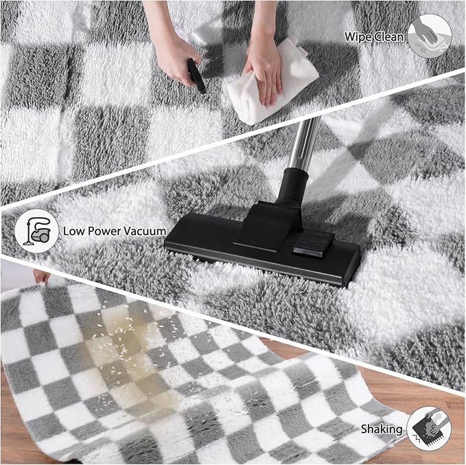 Pionblank 8x10 Area Rugs for Living Room, Fluffy Plush Checkered Rug for Bedroom, Modern Shag Non Slip Soft Furry Large Carpet for Kids Room Nursery Home Decor, Grey and White