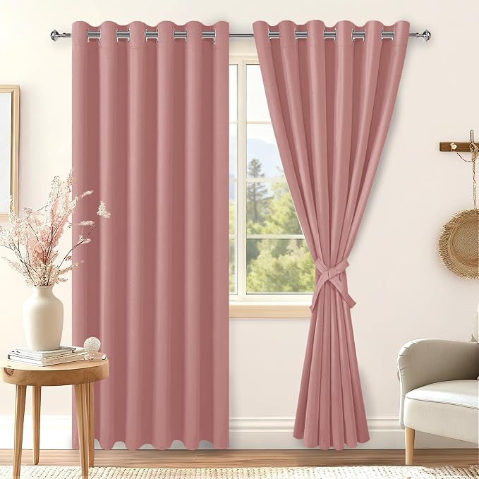 Hiasan Room Darkening Curtains for Bedroom, 70 x 84 Inches - Thermal Insulated & Energy Saving Window Drapes for Living Room/Dorm Room, Set of 2 Panels Sewn with Tiebacks, Dusty Rose