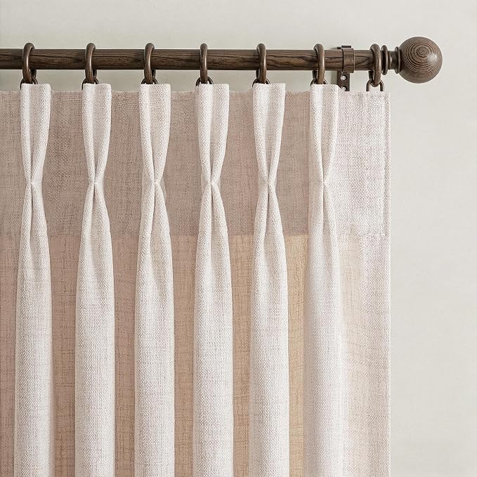 Memory Trained Pinch Pleated 102 Inch Extra Long Curtains for Sliding Glass Doors, Linen Semi Sheer Light Filtering Non See Through Living Room Floor Length Modern Window Curtain & Drapes 4 Panels Set