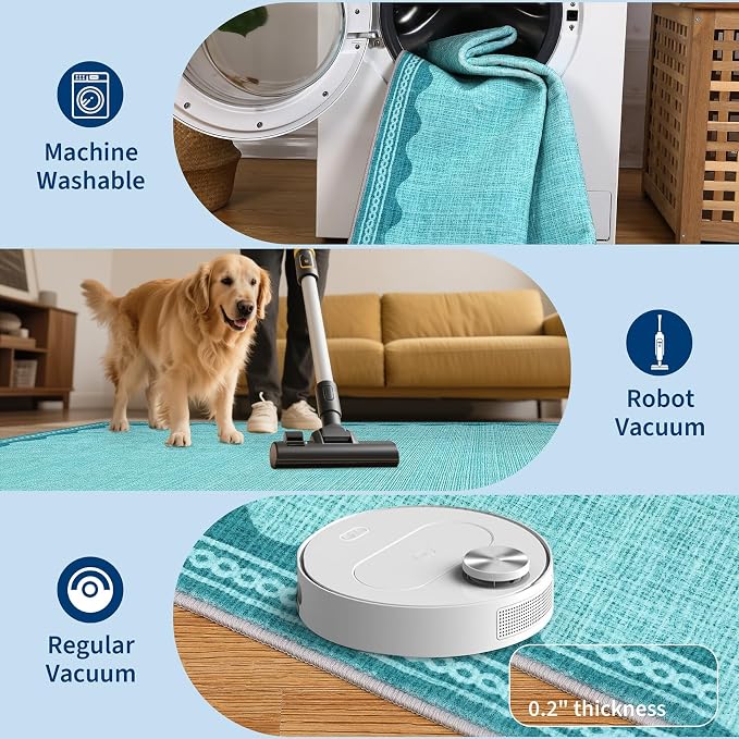 GarveeHome Scalloped Teal Washable Rugs 8x10 Rug for Living Room Solid Modern Minimalism Soft Low-Pile Carpet for Bedroom Dining Nursery Non Slip TPE Backing