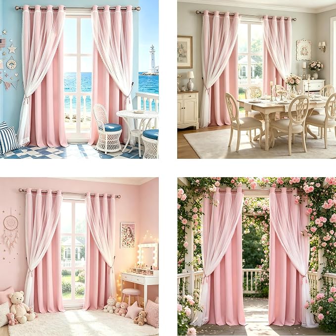 Pink Blackout Curtains with Voile Sheer Drapes, Thermal Pink Window Treatments with Tie-Backs for Kids/Girls Bedroom Nursery Living Room, Elegant, 2 Panels, 52 * 63 inches