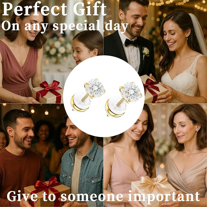 Moissanite Stud Earrings in 14K White Gold Plated Titanium | HypoAllergenic Earrings for Women & Men