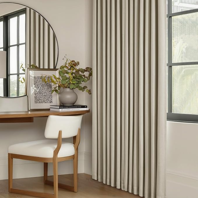Burlywood Birch Pleated Blackout Linen 108 Inch Long Curtains 60 Inch Wide | 100% Black Out, Memory Trained, Pinch Pleat with Back Tab, Energy Efficient, Thermal Insulated Neutral Drape W60xL108 1 Panel