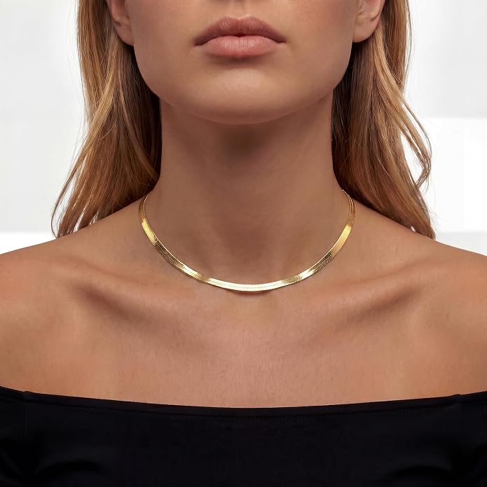 WomenGifts 14K Gold Silver Plated Herringbone Necklace for Women, Dainty Snake Chain Choker, Trendy Simple Long Layered Jewelry Non Tarnish, 3/4/5/8mm,14,16,18,20,22,24,26 Inch Thin & Chunky Options