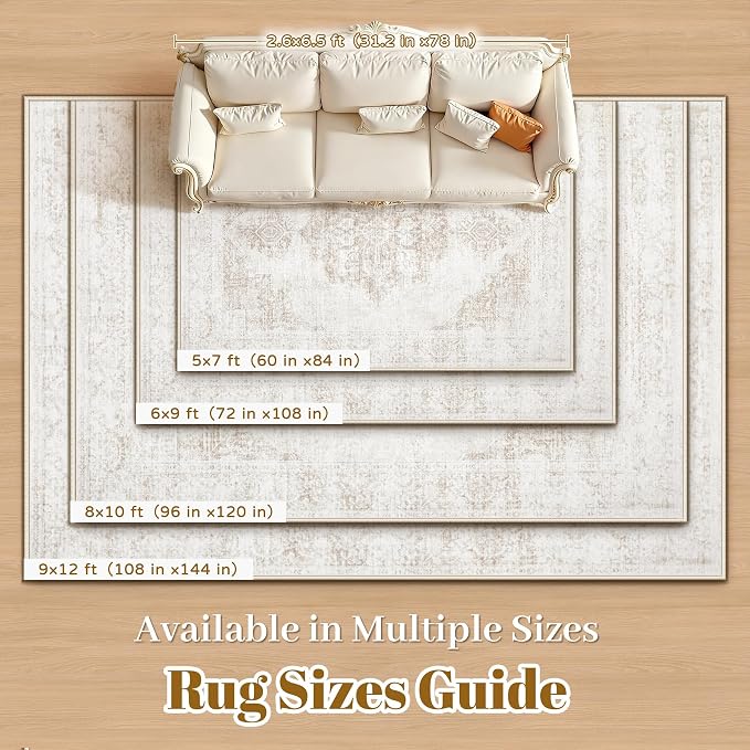 5X7 Area Rugs for Living Room, Washable Rugs Beige Vintage Medallion Non-Slip Soft Low Pile Rug Large Indoor Retro Carpet for Bedroom Dining Room Home Office Nursery Room(Beige,5'x7')