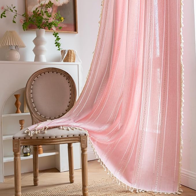 Linen Boho Pink Embroidered Curtains for Girls Bedroom & Nursery - 84" Long, 2 Panels, Light Filtering Farmhouse Drapes (52" W x 84" L)