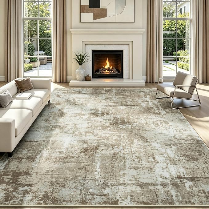 8x10 Area Rugs for Living Room, Washable Large Rug, Brown | Non Slip; Soft Touch; Easy to Clean; Stain-Resistant; High-Power Vacuum Cleaner Friendly; Low Pile; Bedroom; Dining Room