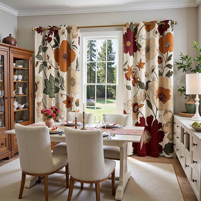 jinchan Beige Boho Floral Blackout Curtains 84 Inch Grommet 4 Panels | Room darkening, Vintage, living room, bedroom, privacy, floral print, flower pattern, fall decor, window treatments