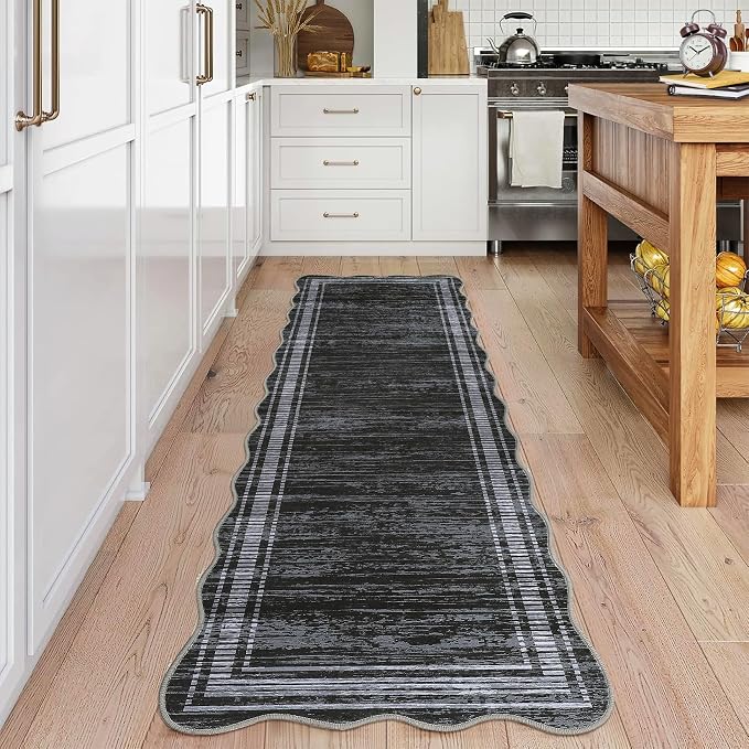 Washable Runner Rug 2x6 Modern Solid Scalloped Kitchen Runner Mat Minimalist Plain Long Runner Rug for Entryway Bedroom Bedside Non Slip Low Pile Boho Accent Solid Runner Rugs for Entryway, Black | Modern Long Runner Rug for Entryway Bedroom, Non Slip ...