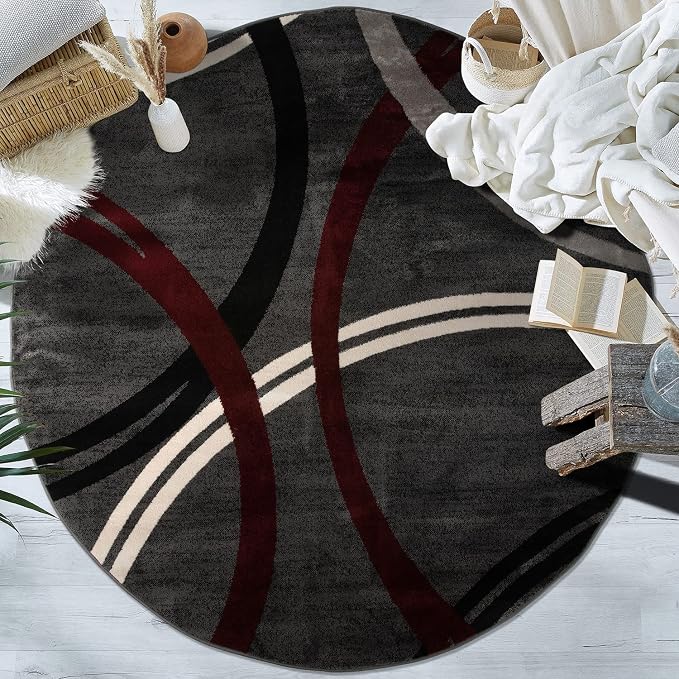 Rugshop Wavy Circles Modern Non-Shedding Living Room Round Rug Red 6'6"