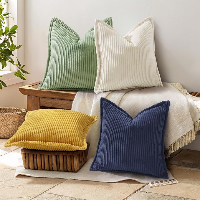 decorUhome Fall Corduroy Dark Navy Throw Pillow Covers 22x22 Set of 2 | Euro Sham Couch Decorative Soft Modern Boho Farmhouse Pillow Covers Broadside Striped Pillow Cases for Living Room Bed Sofa
