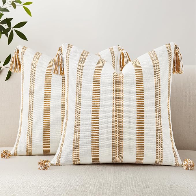 Smile Bee Boho Outdoor Couch Throw Pillow Covers Set of 2 Decorative Thick Woven Striped Accent Neutral Pillow Covers with Tassels for Bed Sofa Home Decor 20x20 Inch, Rust and Cream White | Woven Cozy Boho Decorative Modern Farmhouse Accent Pillow Case...