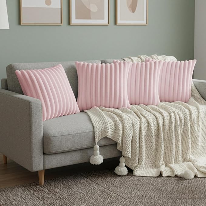 Pink Throw Pillow Covers 16 x 16 Set of 4, Cute Boho Throw Pillow Cover for Couch/Bed, Decorative Pillows Covers for Sofa/Bed, Accent Pillow Covers for Living Room, Rustic/Home/Room Decor