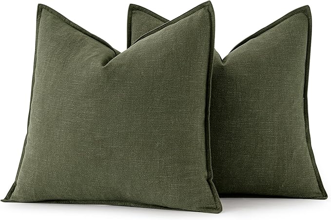 MIULEE Decorative Linen Pillow Covers 20x20 Inch Dark Olive Green | Boho Farmhouse Neutral Couch Throw Pillows for Bed, Pack of 2 Accent Modern Pillowcases, Sofa Livingroom Home Decor