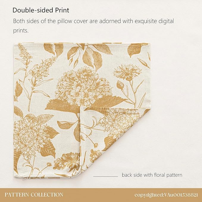 Foindtower Set of 2 Linen Floral Vintage Throw Pillow Covers Neutral Accent Print Decorative Cozy Cushion Covers Farmhouse Home Decor for Sofa Chair Couch Bed Living Room,20×20 Inch,Light Yellow