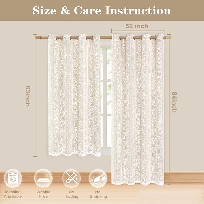 ASPMIZ Beige Blackout Curtains for Bedroom 84 inch Long, Double Layer Curtains for Living Room Light Blocking Grommet Drapes with Lace Overlay, Thermal Insulated Window Curtain Panels Set of 2, 52x84