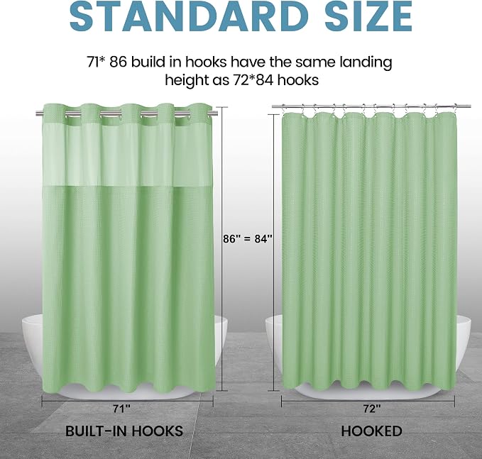 EUTXL Heavyweight Mint Green No Hook Shower Curtain with Snap in Liner,256GSM Waffle Weave Shower Curtains for Bathroom,71W x 74H