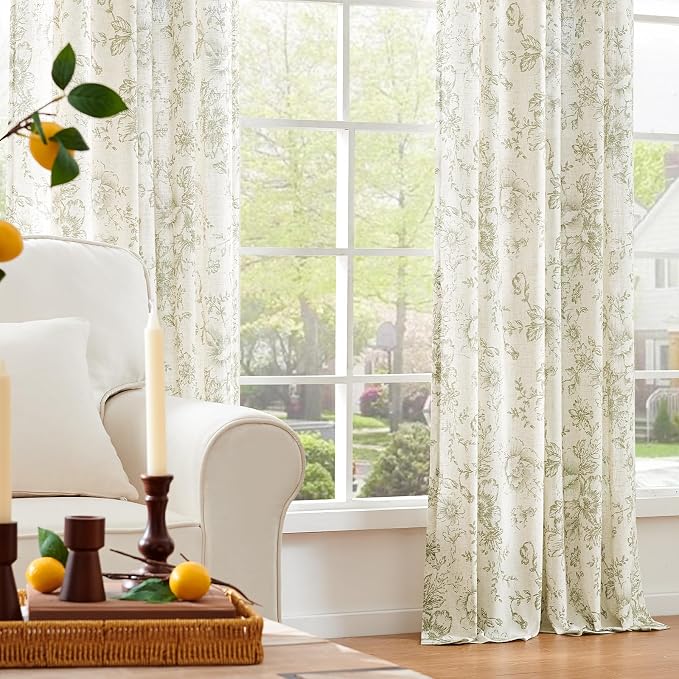 jinchan Green Floral Linen Curtains 84 Inch Vintage Back Tab 2 Panels | Light filtering drapes, semi sheer, farmhouse, cottagecore, rustic, living room, bedroom, rod pocket, window treatment