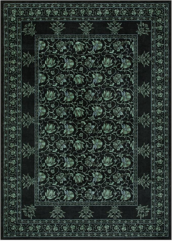 Lahome Floral Black Rugs for Living Room, Low Pile Soft Area Rugs 5x7 Rugs for Bedroom Non Slip, Stain Resistant Vintage Floral Rug for Dining Room Office (5'x7', Black/Green)