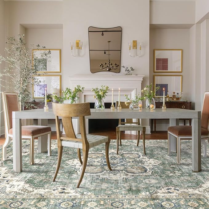 LUXRUG Area Rugs 9x12 Living Room - Large Washable Sage Green Boho Rugs for Bedroom Soft Vintage Rug Ultra-Thin Farmhouse Oriental Medallion Carpet Non Slip Rug for Dining Room Guest Room Home Decor