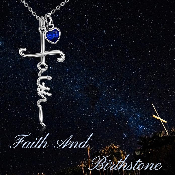 Faith Cross Necklace For Women Birthstone Sterling Silver with Simulated Birthstone Cross Jewelry Christian Gifts