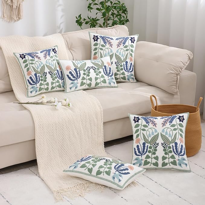 Embroidered Throw Pillow Covers 18x18 Pack of 2 Green and Navy Blue Leaves with Birds Pillow Covers Floral Tufted Pillowcases Summer Decorative Coastal Pillow Cushion Cases